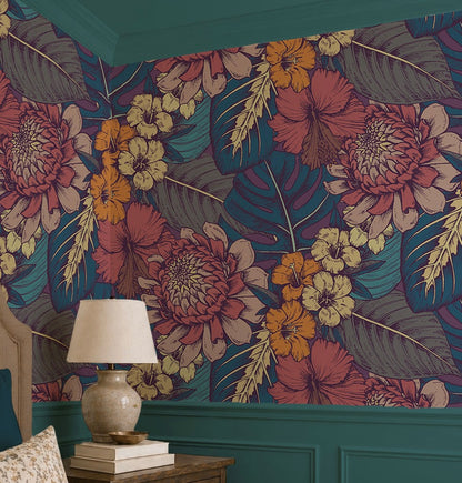 Dark Tropical Floral Wallpaper - Moody Botanical Peel and Stick