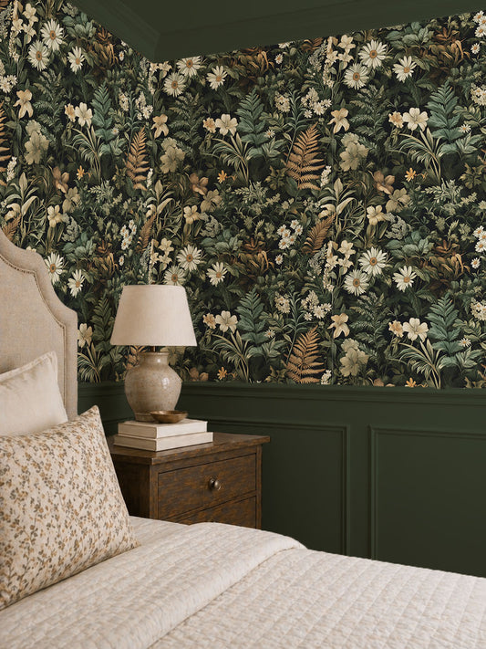green moody floral botanical peel and stick wallpaper