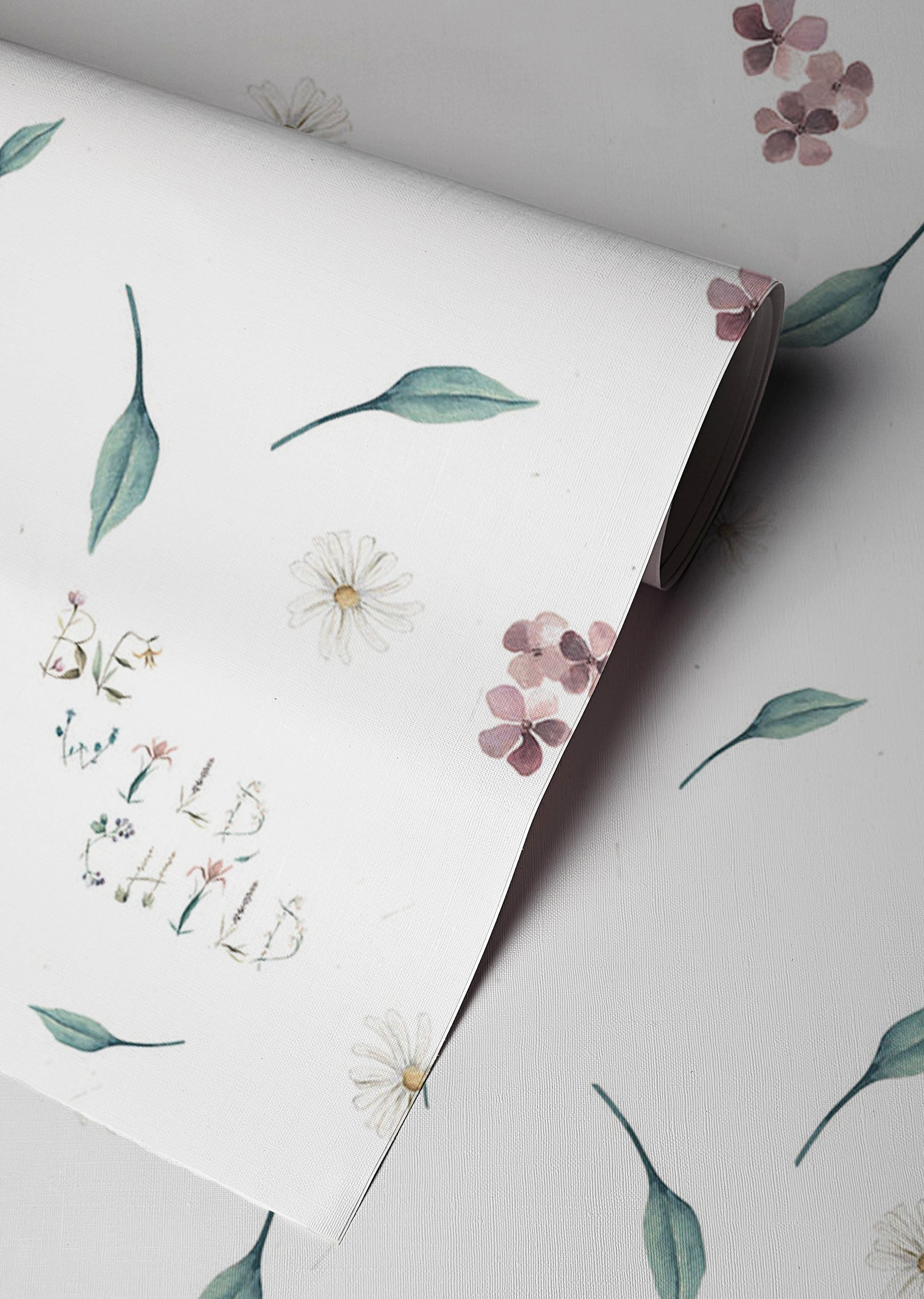 Soft floral nursery wallpaper with delicate wildflowers greenery and whimsical be wild child lettering on a neutral background in a cottagecore style