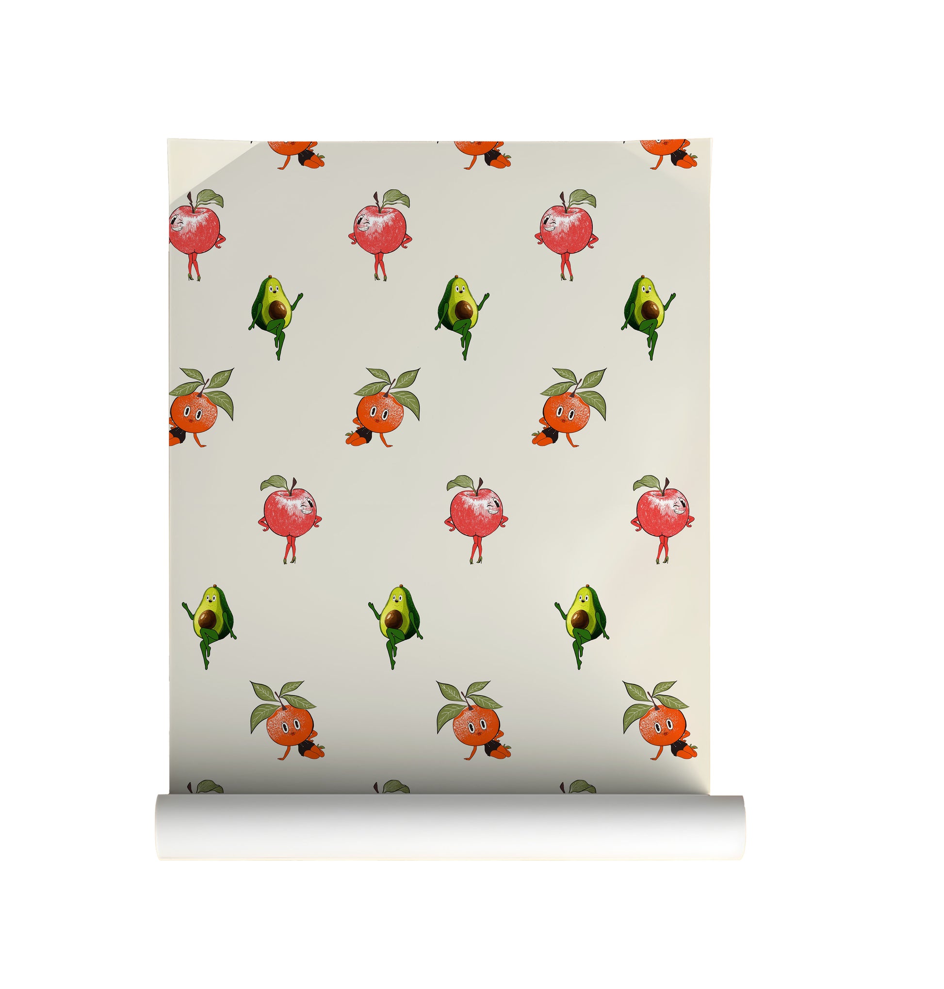 Retro fruit wallpaper with quirky pin up style oranges apples and avocados on a neutral background in a playful kitchen interior style