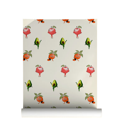 Retro fruit wallpaper with quirky pin up style oranges apples and avocados on a neutral background in a playful kitchen interior style