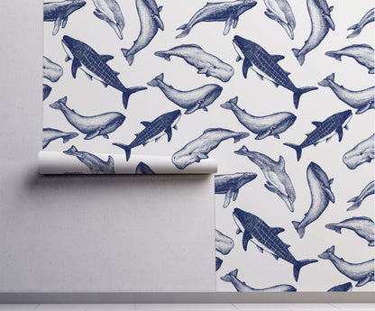 Coastal whale wallpaper with navy blue vintage style whale illustrations on a soft neutral background in a nautical cottage style interior