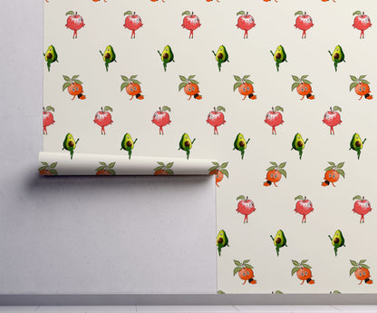 Retro fruit wallpaper with quirky pin up style oranges apples and avocados on a neutral background in a playful kitchen interior style
