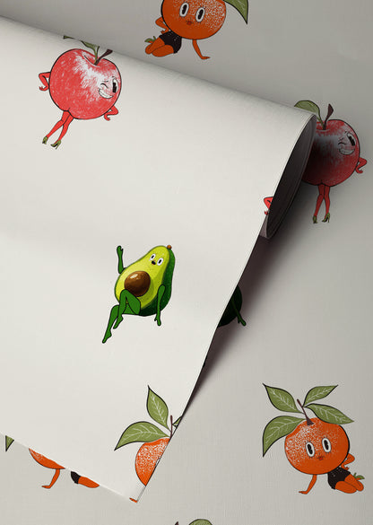 Retro fruit wallpaper with quirky pin up style oranges apples and avocados on a neutral background in a playful kitchen interior style