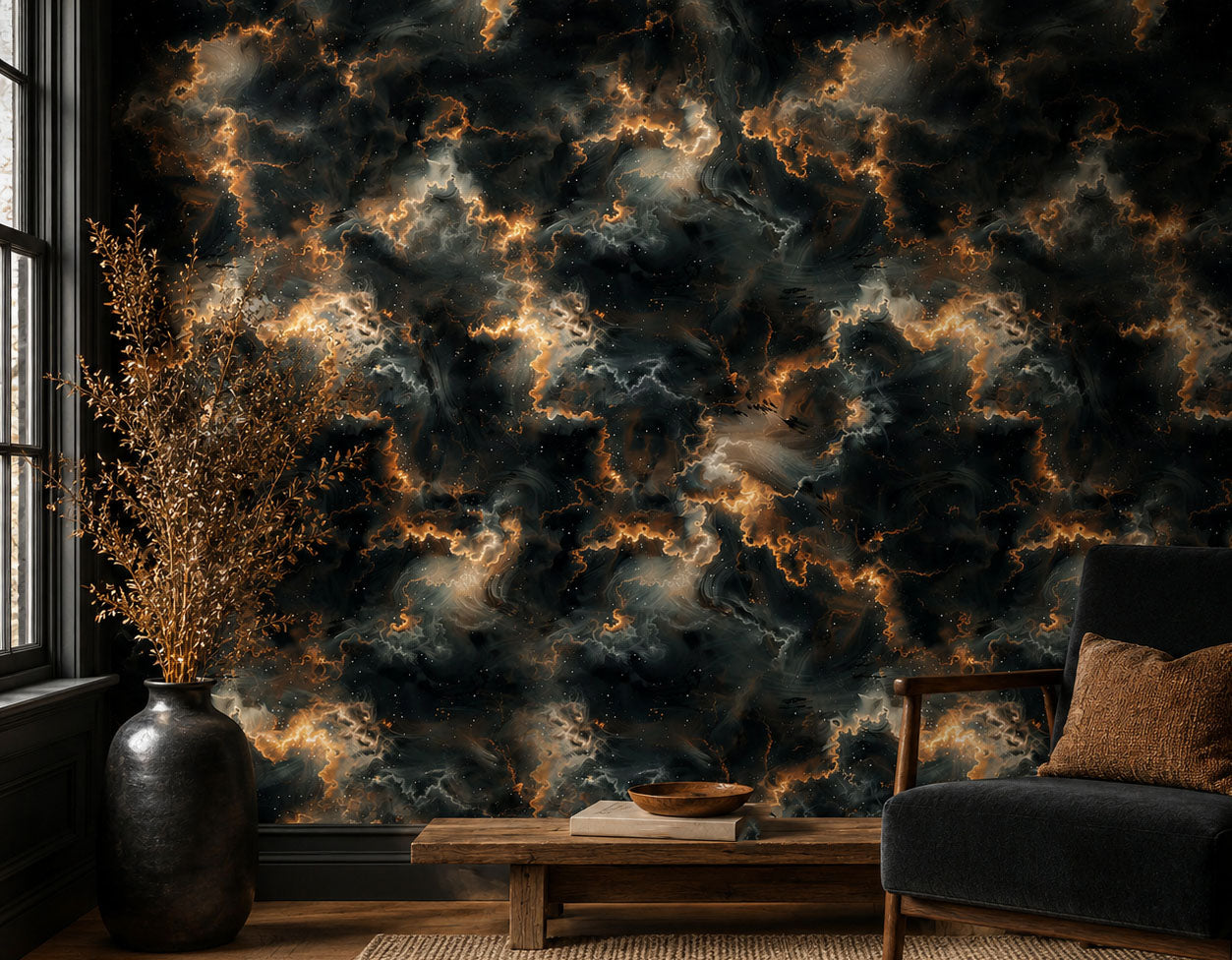 Golden Storm – Black and Gold Abstract Nebula Wallpaper
