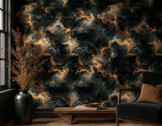 Golden Storm – Black and Gold Abstract Nebula Wallpaper