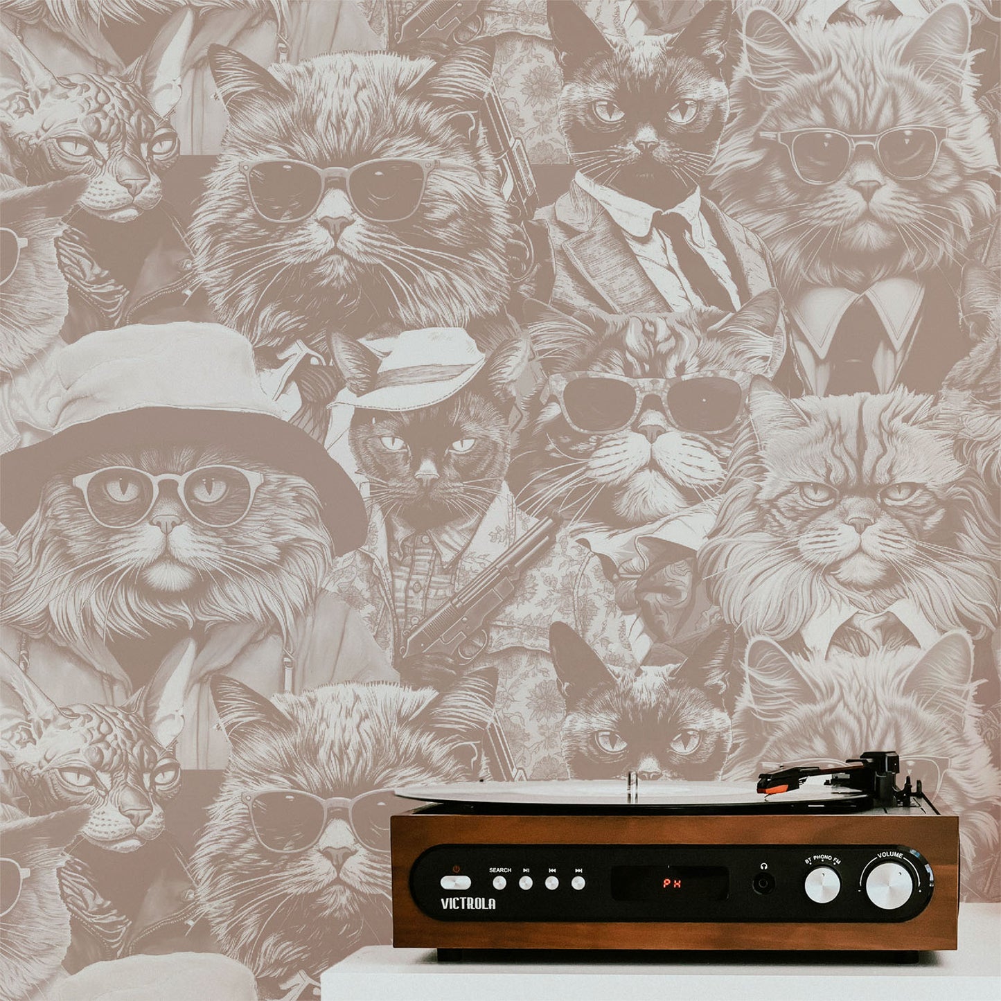 Peel and stick wallpaper of cats dressed up as people. Quirky animal wallpaper for powder room.