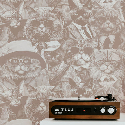 Peel and stick wallpaper of cats dressed up as people. Quirky animal wallpaper for powder room.