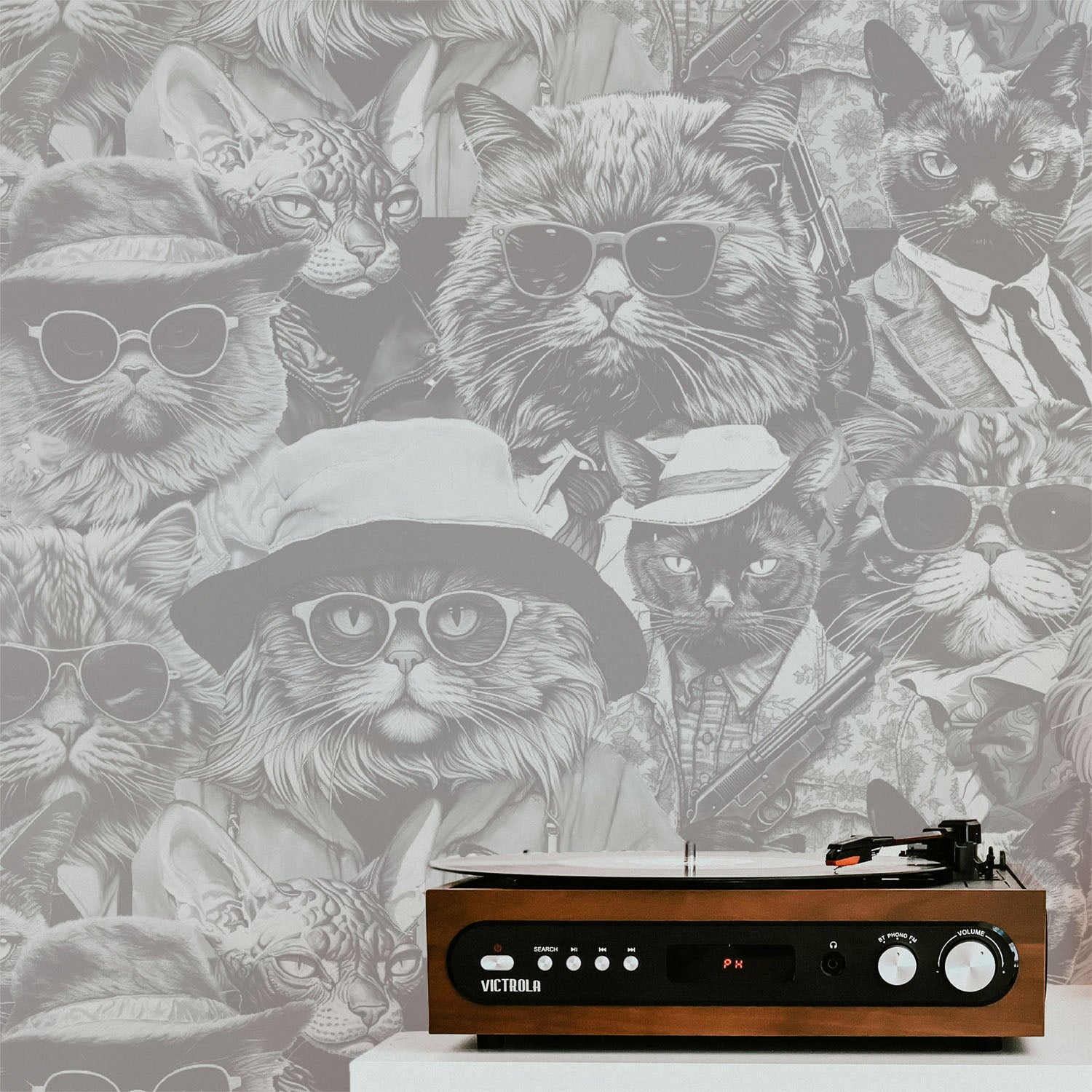 Funky Cat portrait peel ands tick wallpaper. Animal Portraits wallpaper for powder room