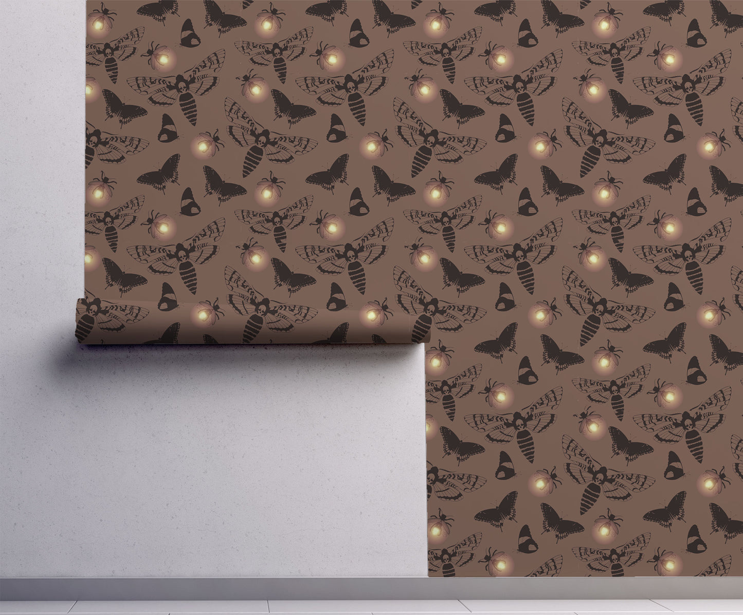 Dark cottagecore wallpaper featuring vintage death's head moths, butterflies, and glowing fireflies on a warm taupe background with peel and stick installation.