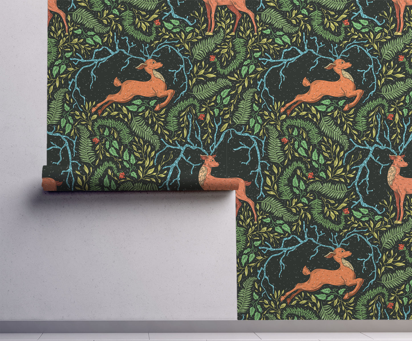 Dark woodland deer wallpaper featuring copper-colored deer, lush ferns, twisting branches, and forest foliage on a black background on wall