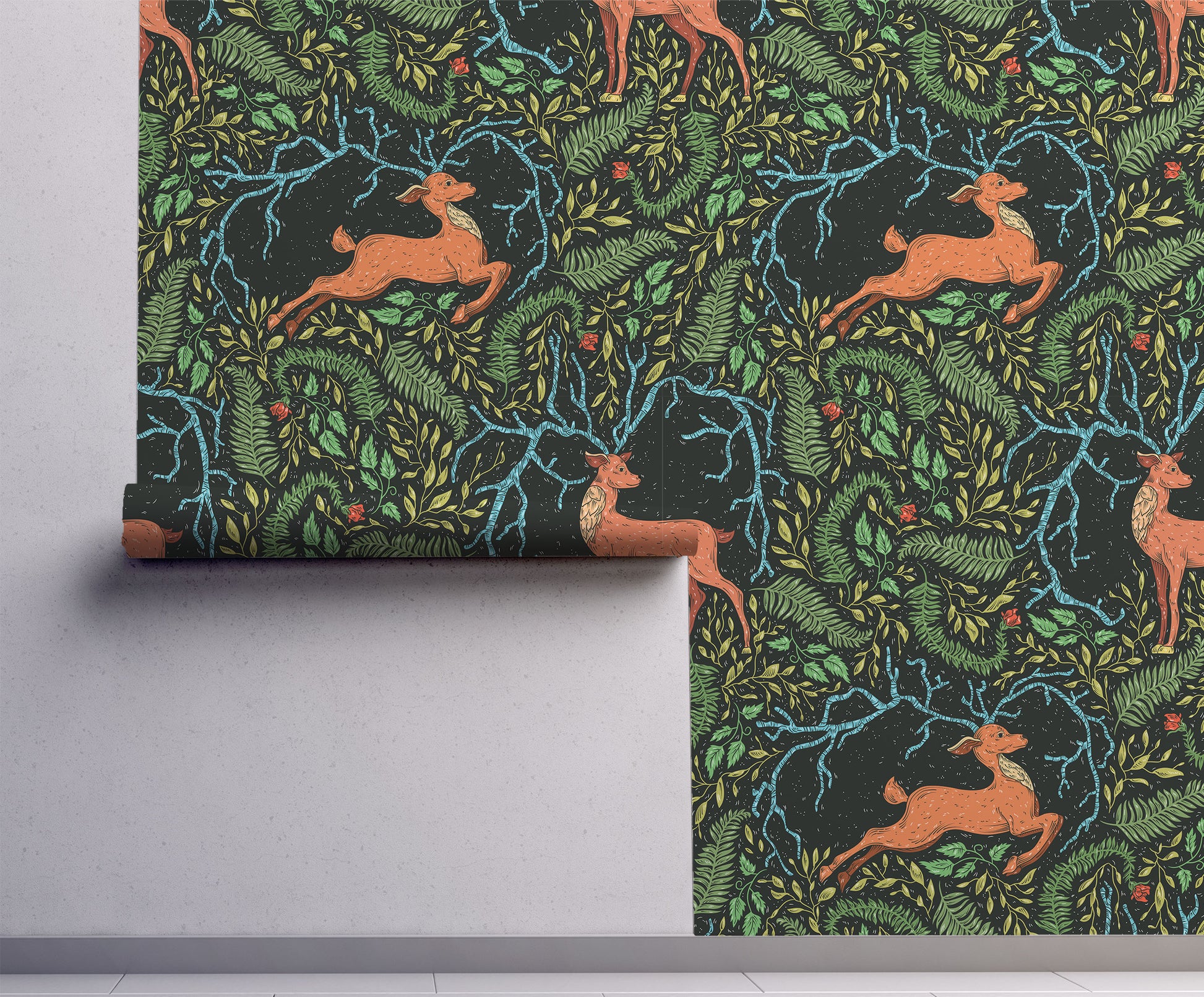 Dark woodland deer wallpaper featuring copper-colored deer, lush ferns, twisting branches, and forest foliage on a black background on wall