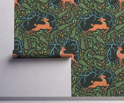 Dark woodland deer wallpaper featuring copper-colored deer, lush ferns, twisting branches, and forest foliage on a black background on wall