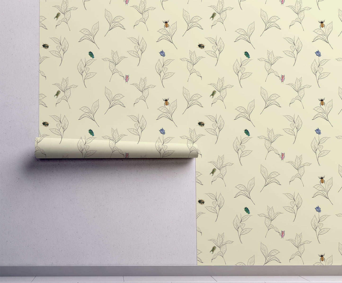 Vintage beetle wallpaper featuring colorful illustrated beetles scattered among delicate hand-drawn botanical leaves on a warm cream background, peel and stick wallpaper for cottagecore and nature-inspired interiors.