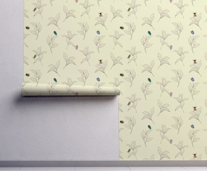 Vintage beetle wallpaper featuring colorful illustrated beetles scattered among delicate hand-drawn botanical leaves on a warm cream background, peel and stick wallpaper for cottagecore and nature-inspired interiors.