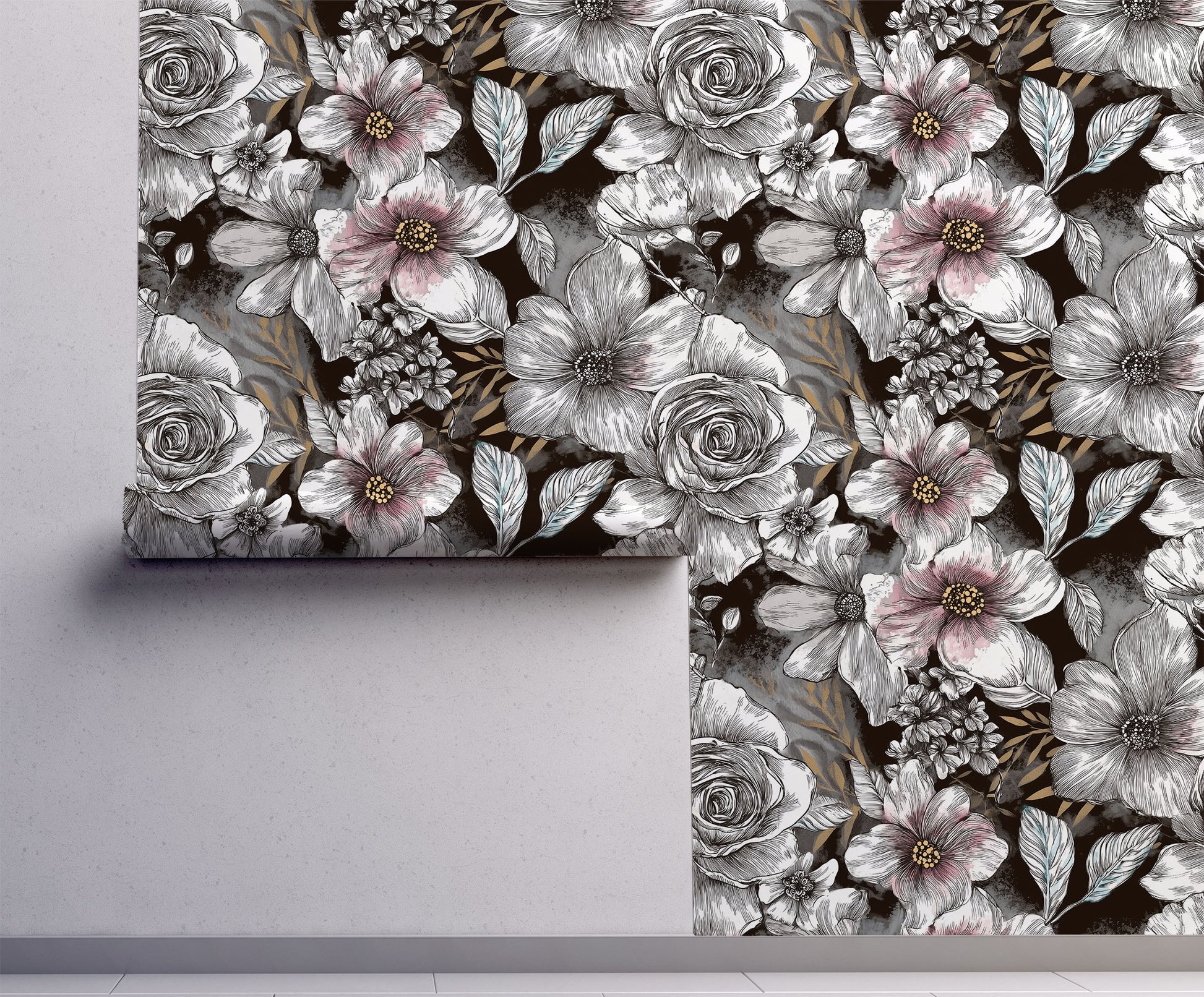 Dark floral wallpaper featuring oversized ivory and blush magnolia-inspired flowers with vintage botanical detailing on a black background.