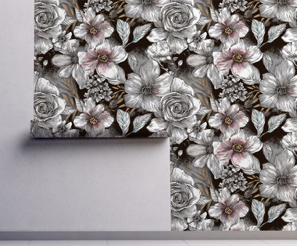 Dark floral wallpaper featuring oversized ivory and blush magnolia-inspired flowers with vintage botanical detailing on a black background.