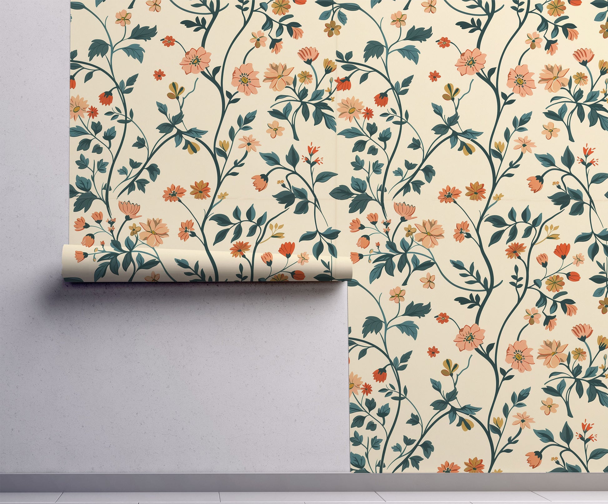Floral wallpaper featuring peach and coral wildflowers with blue-green botanical vines on a warm cream background.