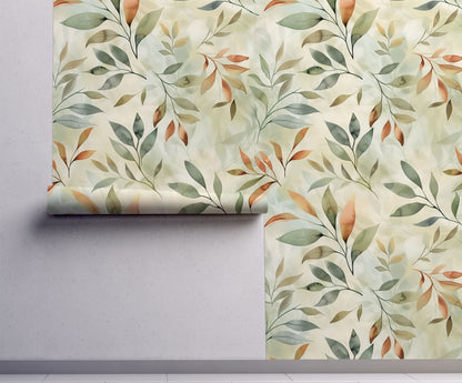 Botanical wallpaper featuring watercolor leaves in sage green, terracotta, and beige tones on a soft neutral background.