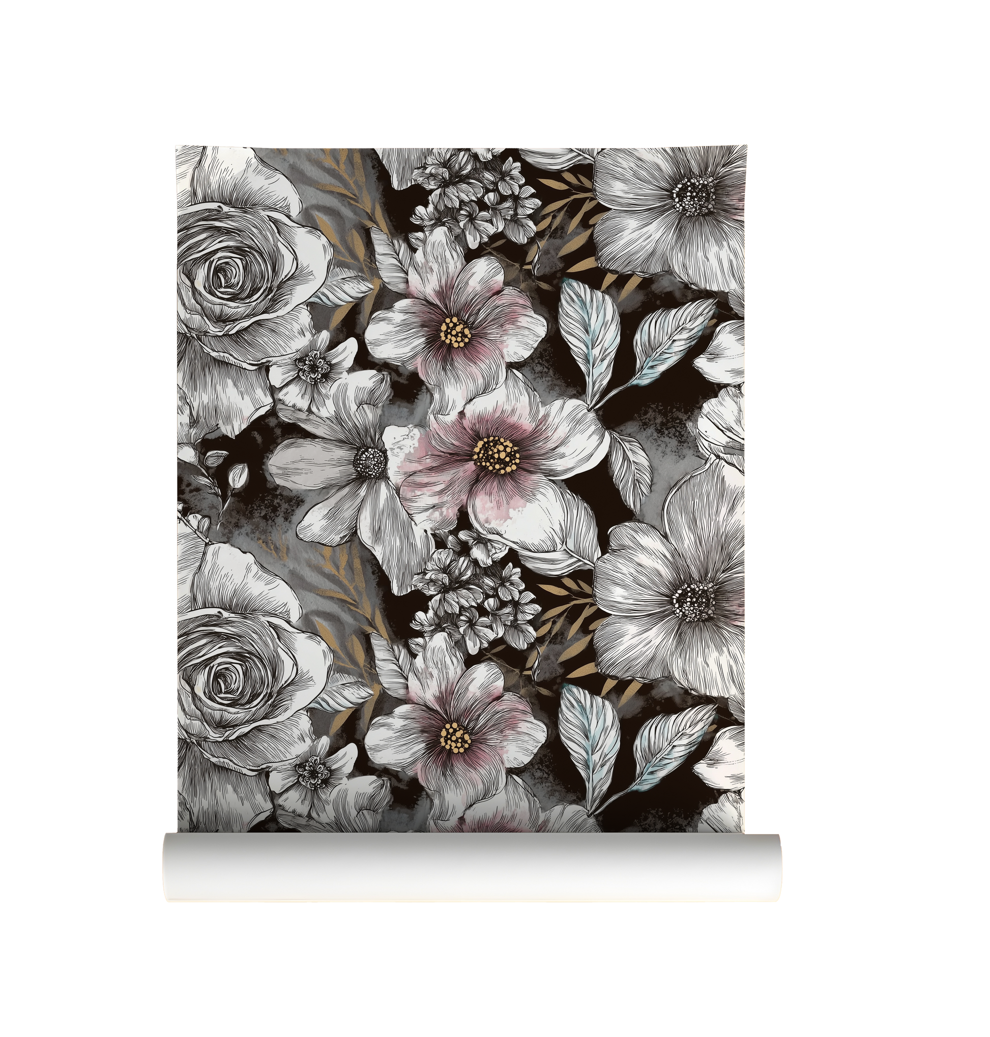 Dark floral wallpaper featuring oversized ivory and blush magnolia-inspired flowers with vintage botanical detailing on a black background on roll