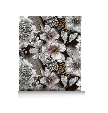 Dark floral wallpaper featuring oversized ivory and blush magnolia-inspired flowers with vintage botanical detailing on a black background on roll