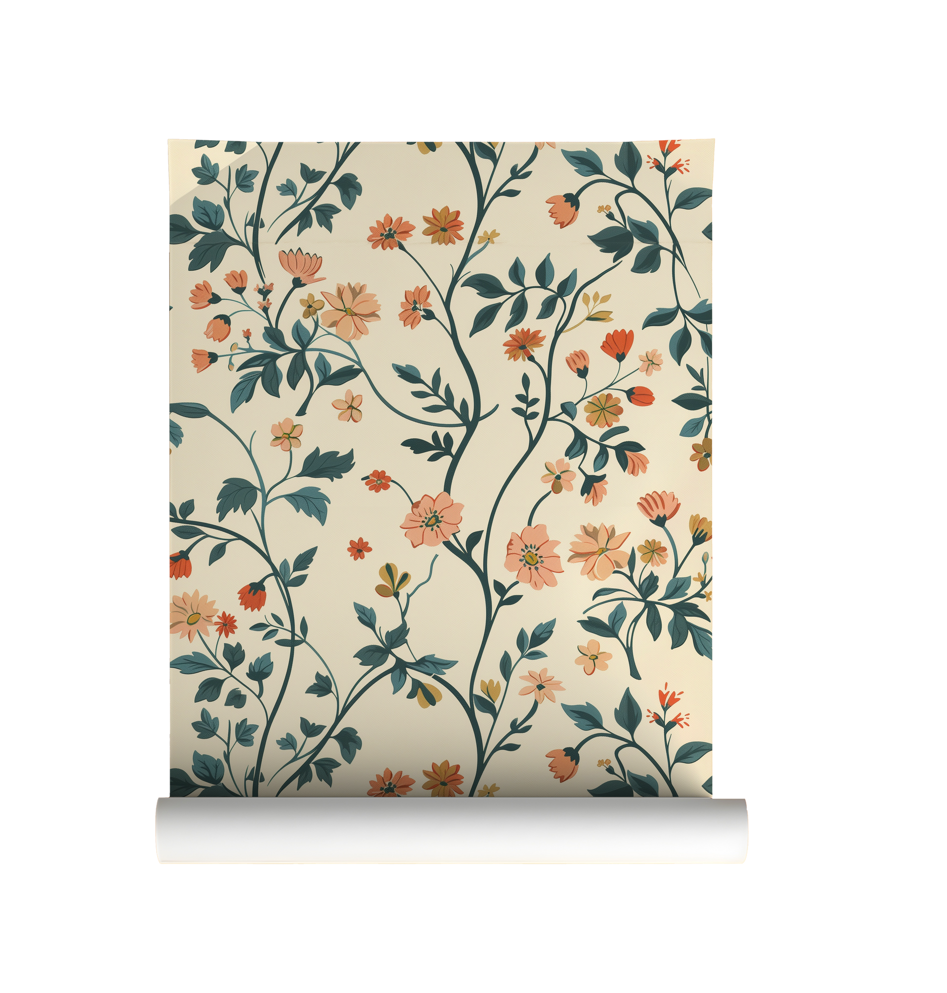 Floral wallpaper featuring peach and coral wildflowers with blue-green botanical vines on a warm cream background.