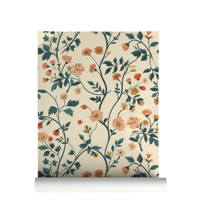 Floral wallpaper featuring peach and coral wildflowers with blue-green botanical vines on a warm cream background.