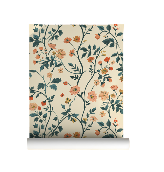 Floral wallpaper featuring peach and coral wildflowers with blue-green botanical vines on a warm cream background.