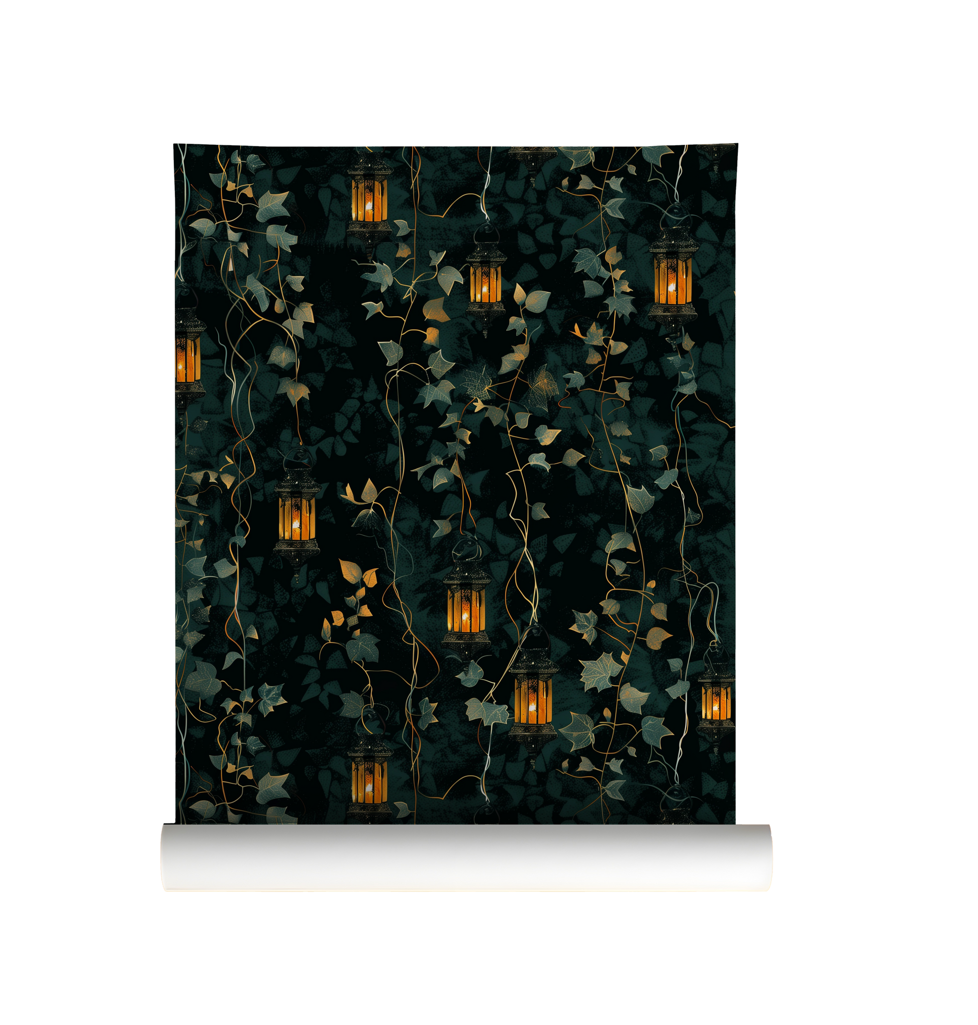 Roll of wallpaper with ivy and lantern design on a dark background