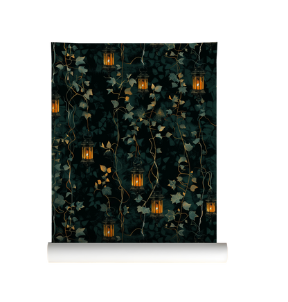 Roll of wallpaper with ivy and lantern design on a dark background