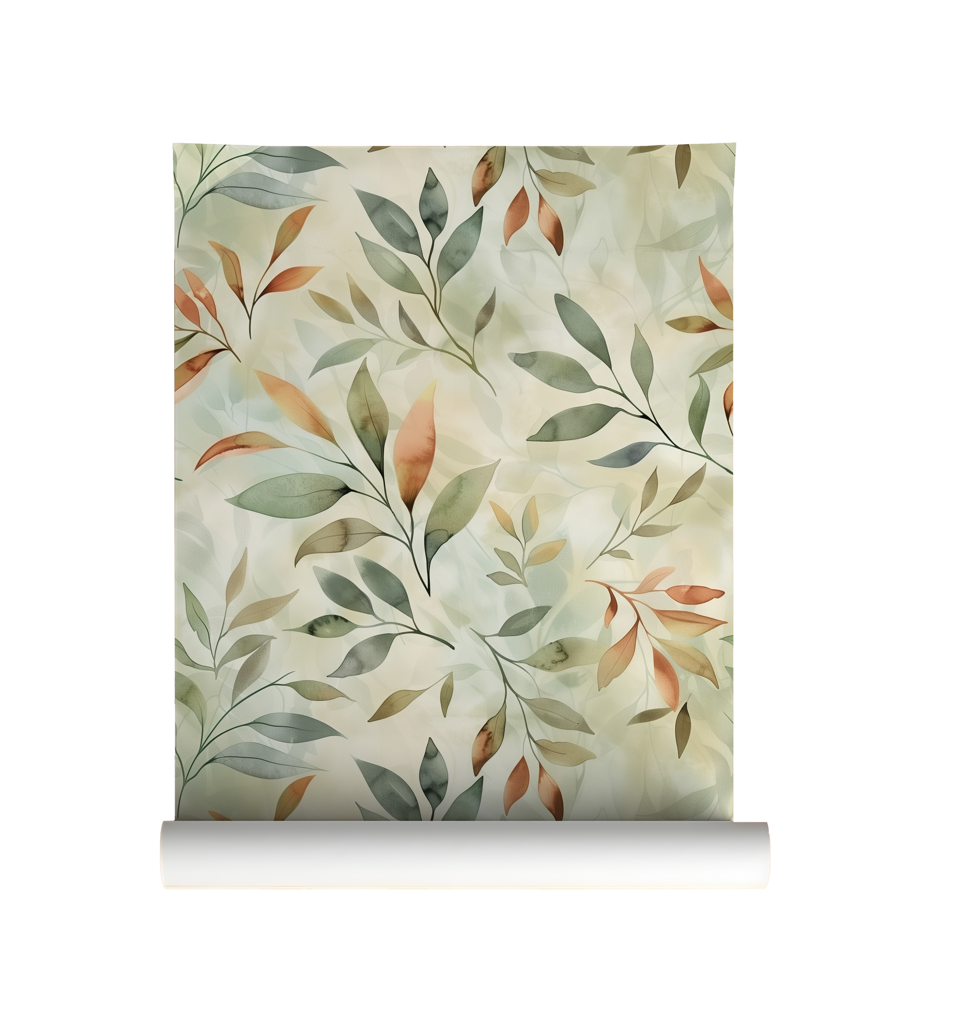 Botanical wallpaper featuring watercolor leaves in sage green, terracotta, and beige tones on a soft neutral background on roll