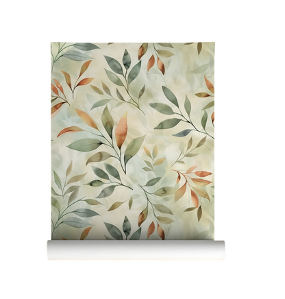 Botanical wallpaper featuring watercolor leaves in sage green, terracotta, and beige tones on a soft neutral background on roll