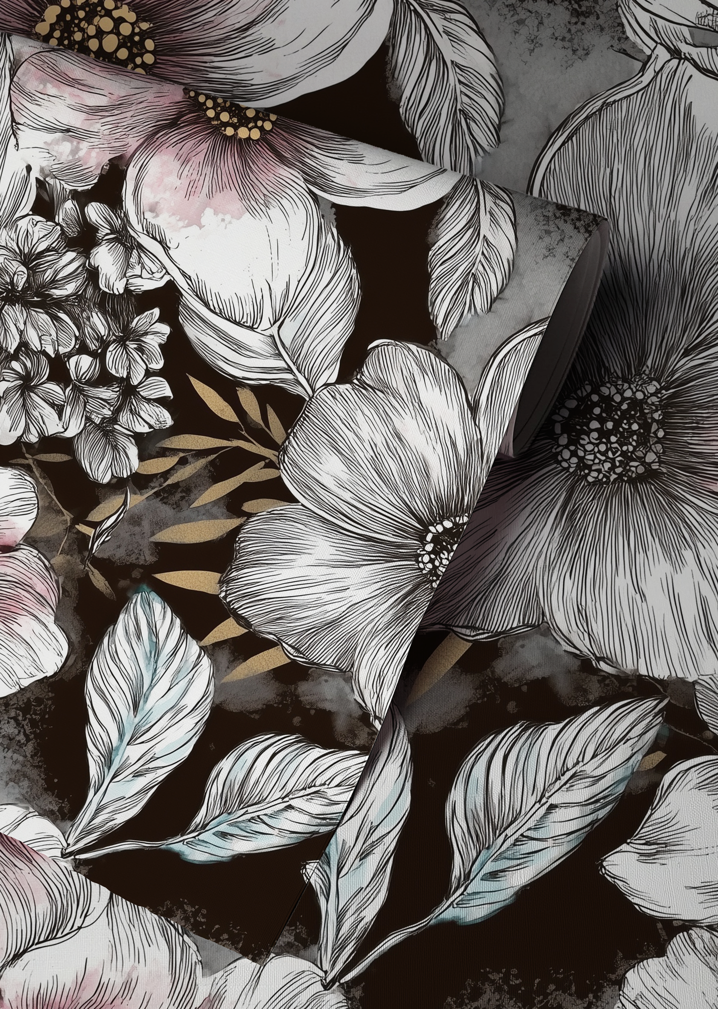 Dark floral wallpaper featuring oversized ivory and blush magnolia-inspired flowers with vintage botanical detailing on a black background.