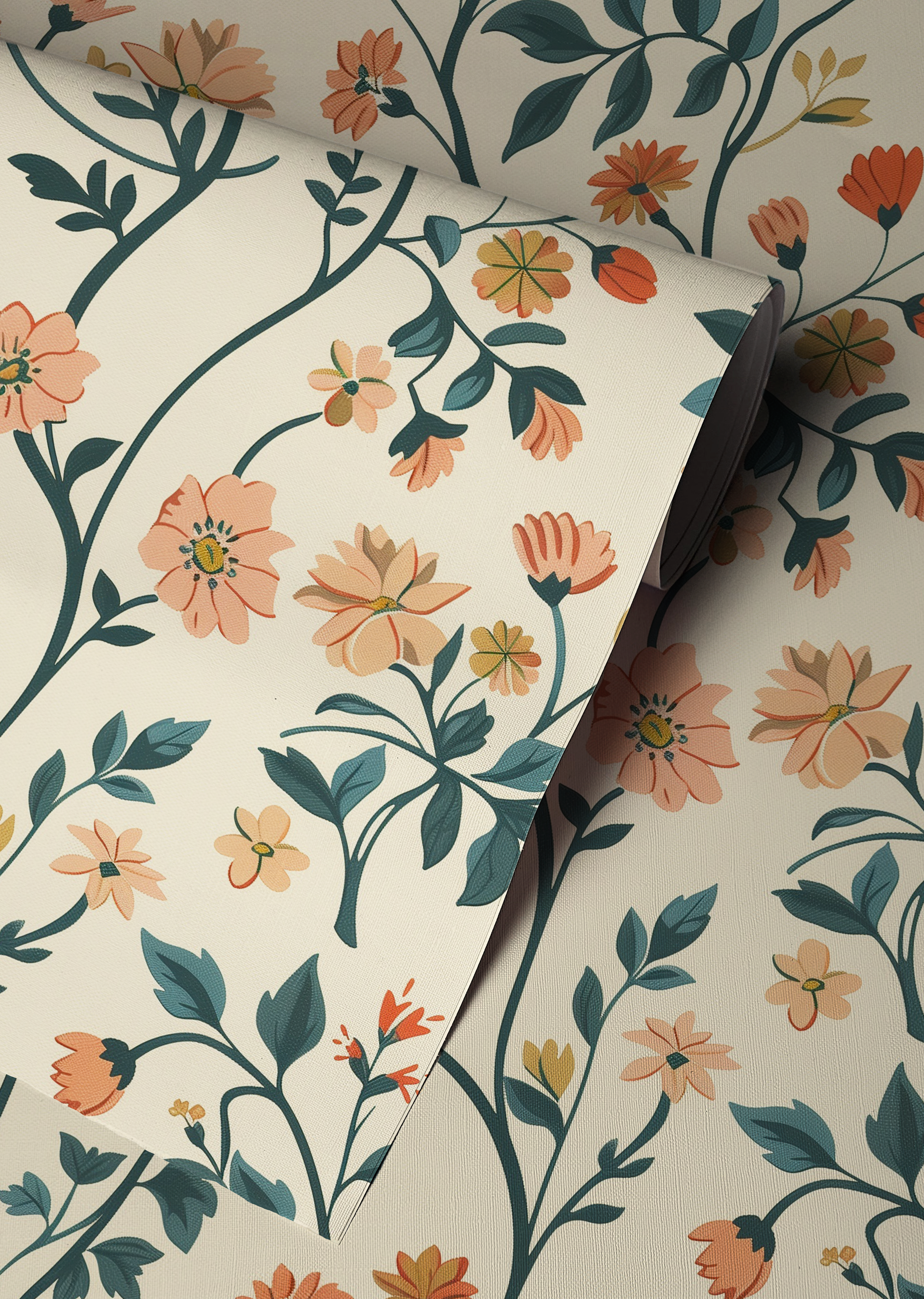 Floral wallpaper featuring peach and coral wildflowers with blue-green botanical vines on a warm cream background.