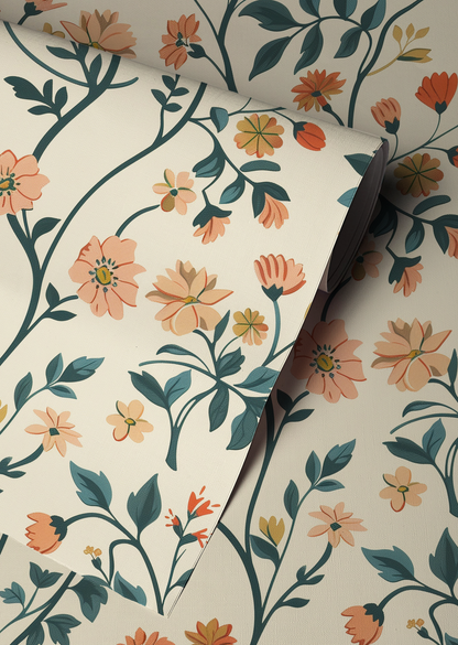 Floral wallpaper featuring peach and coral wildflowers with blue-green botanical vines on a warm cream background.