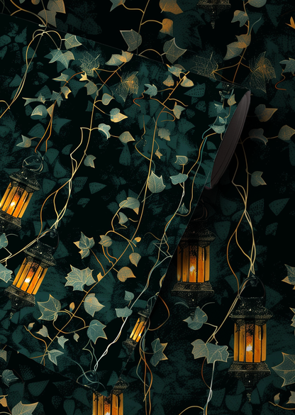 Dark cottagecore wallpaper featuring glowing vintage lanterns hanging among trailing ivy vines and lush botanical foliage.