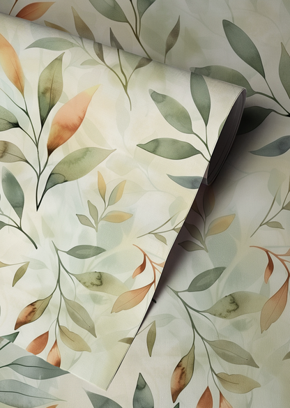 Botanical wallpaper featuring watercolor leaves in sage green, terracotta, and beige tones on a soft neutral background.