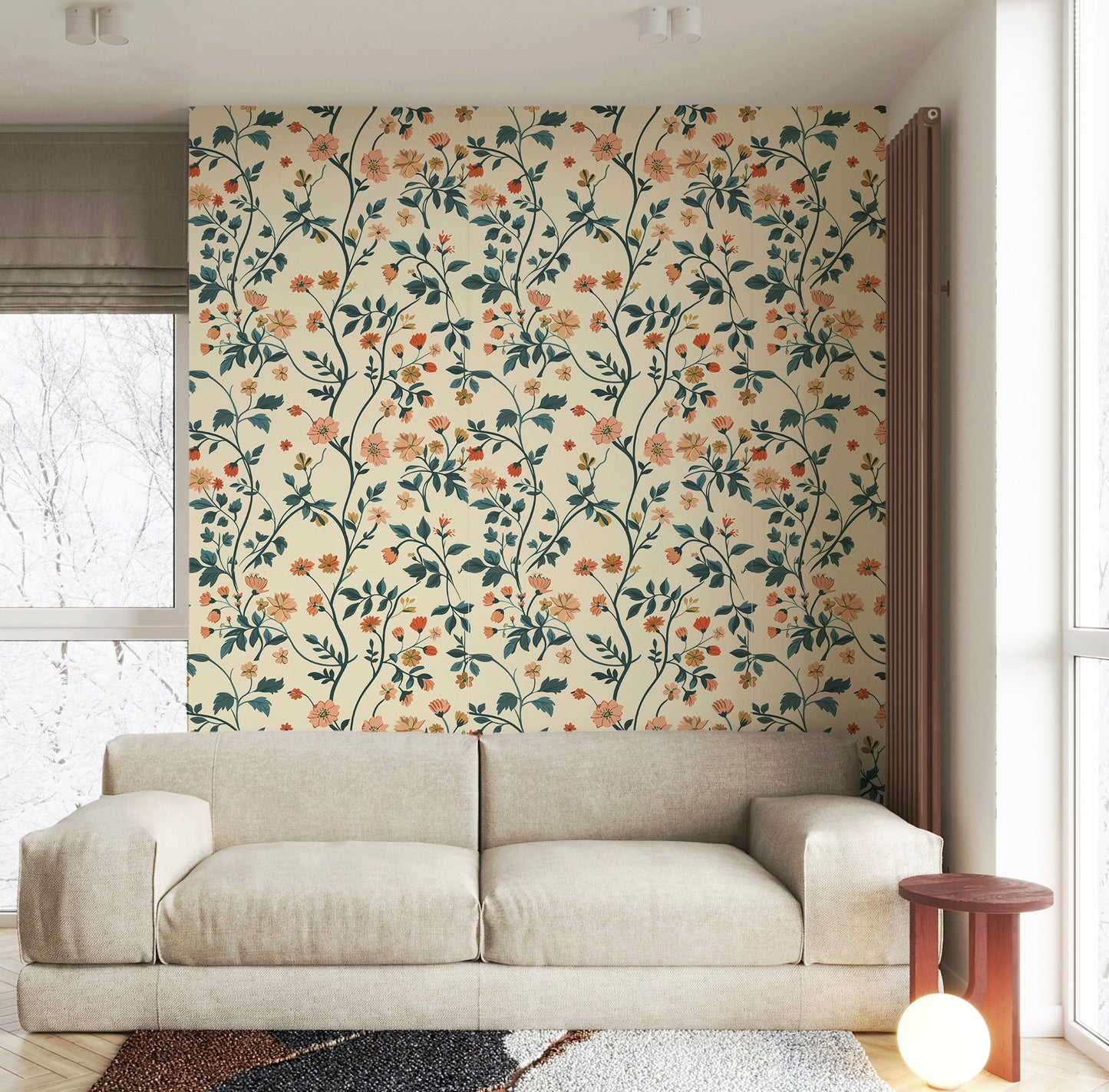 Floral wallpaper featuring peach and coral wildflowers with blue-green botanical vines on a warm cream background in living room 