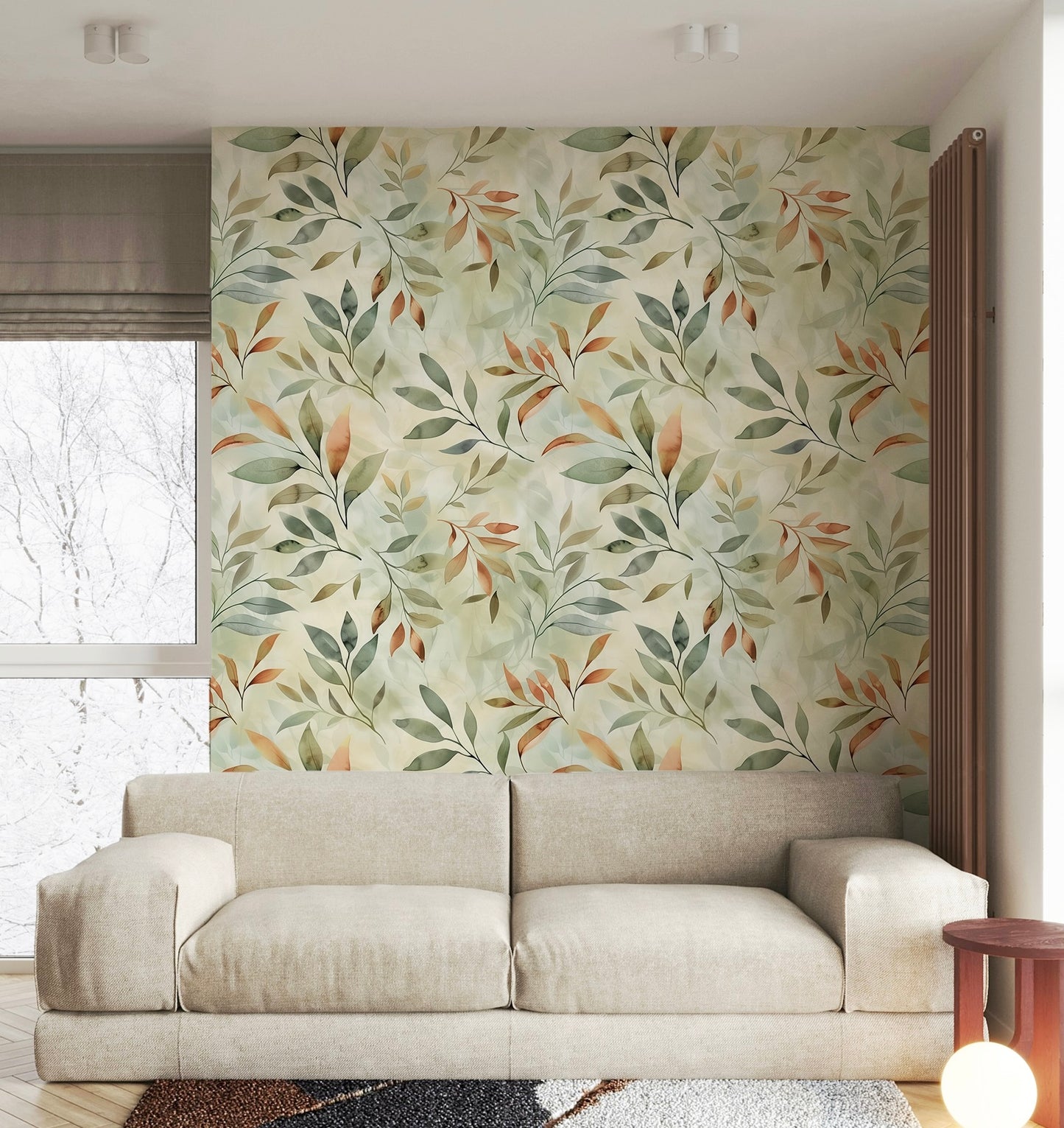 Botanical wallpaper featuring watercolor leaves in sage green, terracotta, and beige tones on a soft neutral background.