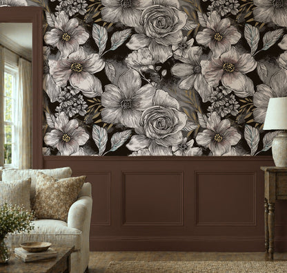 Dark floral wallpaper featuring oversized ivory and blush magnolia-inspired flowers with vintage botanical detailing on a black background in living room