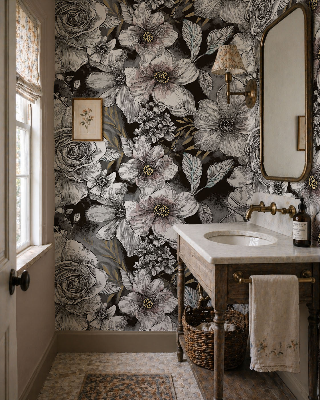 Dark floral wallpaper featuring oversized ivory and blush magnolia-inspired flowers with vintage botanical detailing on a black background in bathroom