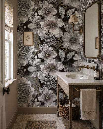 Dark floral wallpaper featuring oversized ivory and blush magnolia-inspired flowers with vintage botanical detailing on a black background in bathroom
