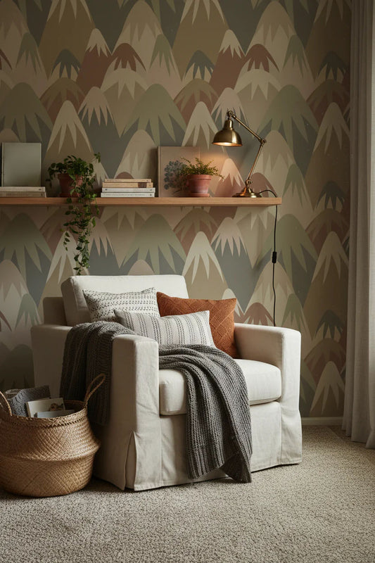 Retro mountain wallpaper featuring layered geometric mountain peaks in muted sage green, terracotta, taupe, cream, and brown tones, creating a playful mid-century modern landscape design in living room 