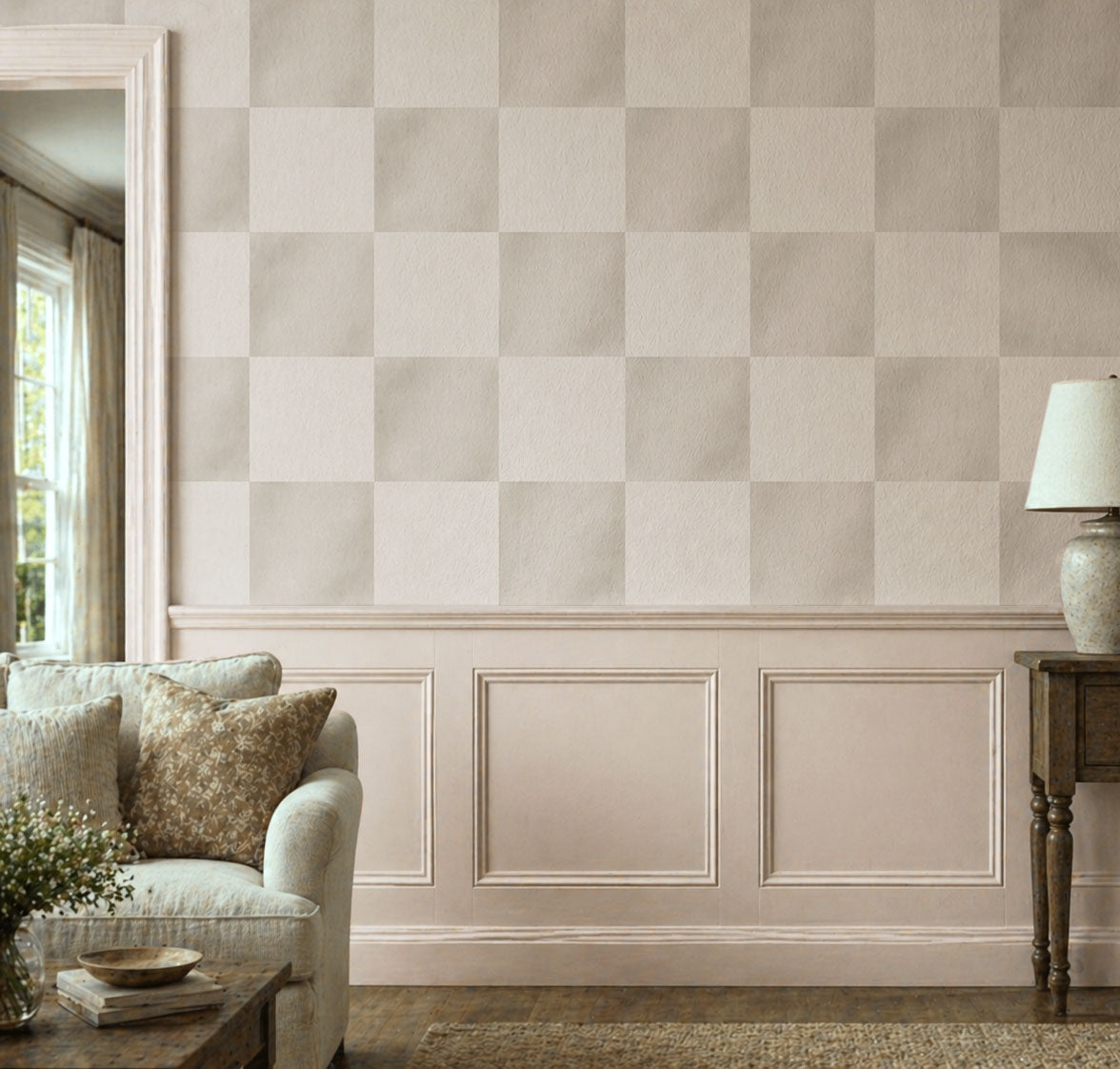 Neutral checkerboard wallpaper featuring soft beige and cream watercolor squares, creating a subtle modern farmhouse aesthetic for living rooms, bedrooms, nurseries, and cottage-inspired interiors, in living room.