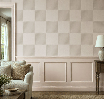 Neutral checkerboard wallpaper featuring soft beige and cream watercolor squares, creating a subtle modern farmhouse aesthetic for living rooms, bedrooms, nurseries, and cottage-inspired interiors, in living room.