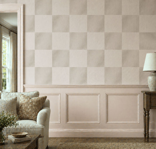 Neutral checkerboard wallpaper featuring soft beige and cream watercolor squares, creating a subtle modern farmhouse aesthetic for living rooms, bedrooms, nurseries, and cottage-inspired interiors, in living room.