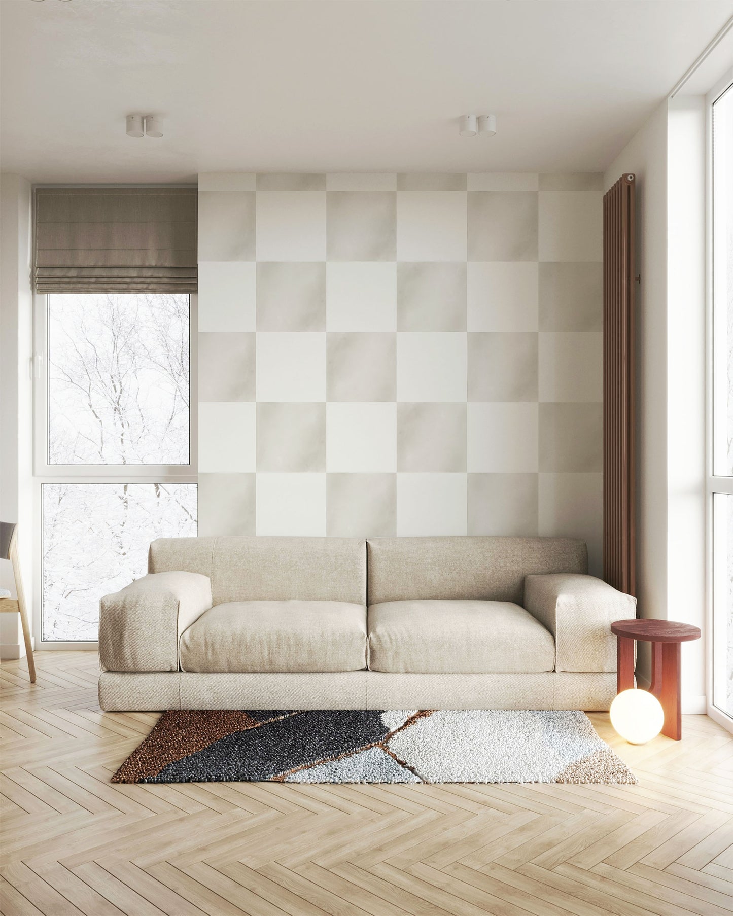 Neutral checkerboard wallpaper featuring soft beige and cream watercolor squares, creating a subtle modern farmhouse aesthetic for living rooms, bedrooms, nurseries, and cottage-inspired interiors, in living room