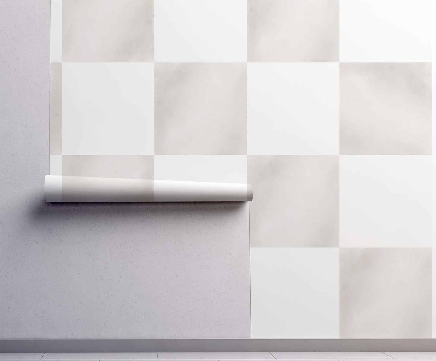 Neutral checkerboard wallpaper featuring soft beige and cream watercolor squares, creating a subtle modern farmhouse aesthetic for living rooms, bedrooms, nurseries, and cottage-inspired interiors, on wall
