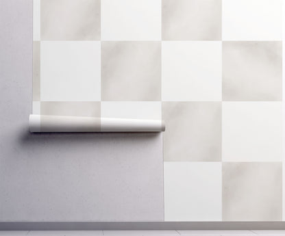 Neutral checkerboard wallpaper featuring soft beige and cream watercolor squares, creating a subtle modern farmhouse aesthetic for living rooms, bedrooms, nurseries, and cottage-inspired interiors, on wall