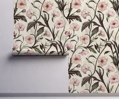 Soft blush floral wallpaper with delicate pink wildflowers and trailing botanical stems on a warm neutral background, cottagecore wallpaper design for bedrooms, nurseries, and romantic interiors, on wall